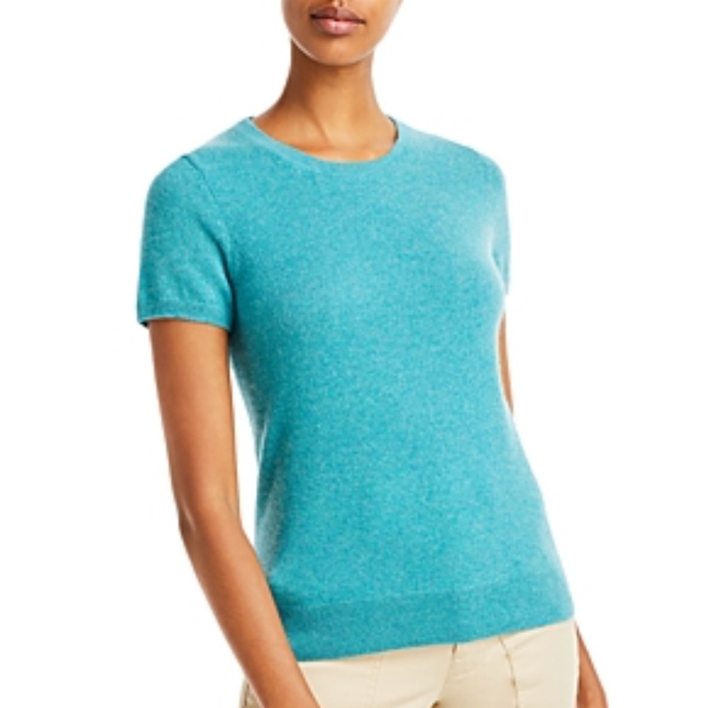 C by‎ Bloomingdale’s 100% 2-Ply Cashmere Short Sleeve Sweater – XL – Marled Teal